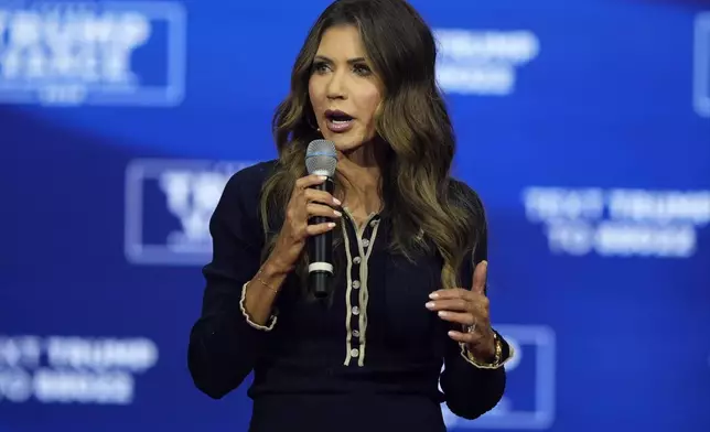 FILE - South Dakota Gov. Kristi Noem speaks before Republican presidential nominee former President Donald Trump at a campaign town hall, Oct. 14, 2024, in Oaks, Pa. (AP Photo/Matt Rourke, File)