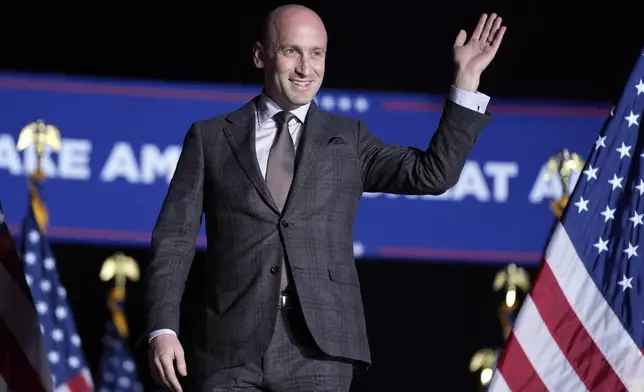 FILE - Stephen Miller arrives before Republican presidential nominee former President Donald Trump speaks during a campaign rally, Friday, Oct. 18, 2024, in Detroit. (AP Photo/Evan Vucci, File)