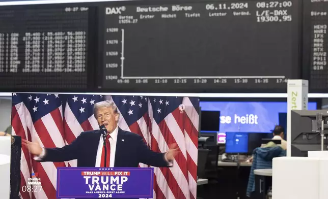 A speech by Republican presidential nominee former President Donald Trump is broadcast live on a monitor in the trading hall of Deutsche Börse in Frankfurt, Germany, Wednesday, Nov. 6, 2024. (Boris Roessler/dpa via AP)