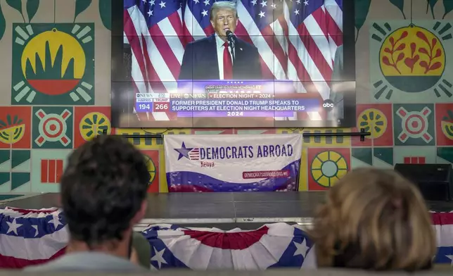 A screen shows live footage of Republican presidential nominee former President Donald Trump speech during a news program in Nairobi, Kenya, Wednesday, Nov. 6, 2024. (AP Photo/Brian Inganga)