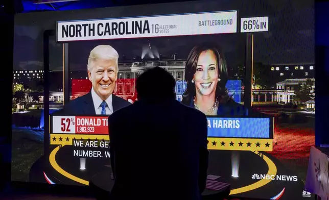 A supporter of Democratic presidential nominee Vice President Kamala Harris looks at U.S. presidential election results, during an election night party organized by Americans in Geneva, Switzerland, Tuesday, Nov. 5, 2024. (Salvatore Di Nolfi/Keystone via AP)