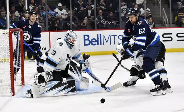 Winnipeg Jets' Nino Niederreiter (62) gets ready to take a shot on Utah Hockey Club goaltender Karel Vejmelka (70) during the second period of an NHL hockey game in Winnipeg, Manitoba, Tuesday Nov. 5, 2024. (Fred Greenslade/The Canadian Press via AP)