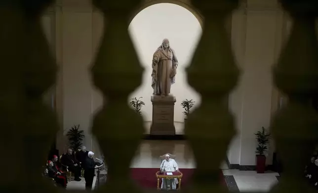 Pope Francis attends a meeting with the Academic community at the Pontifical Gregoriana University in Rome, Tuesday, Nov. 5, 2024. (AP Photo/Alessandra Tarantino)