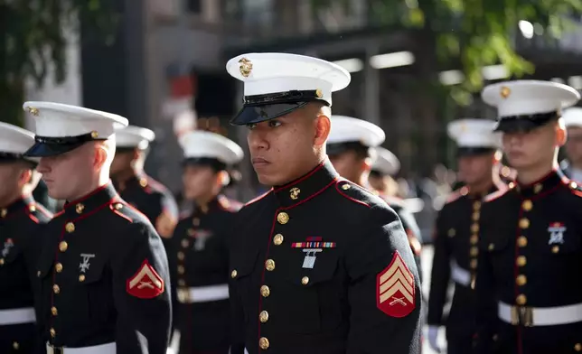 Members of the Marine Corps march during the annual Veterans Day Parade, Monday, Nov. 11, 2024, in New York. (AP Photo/Adam Gray)