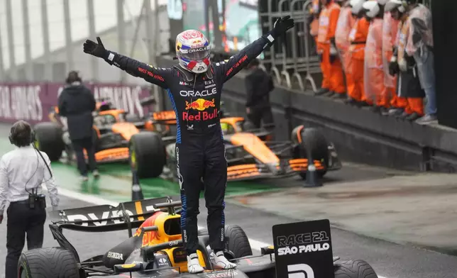 Red Bull driver Max Verstappen of the Netherlands, celebrates after winning the Brazilian Formula One Grand Prix at the Interlagos race track, in Sao Paulo, Brazil, Sunday, Nov. 3, 2024. (AP Photo/Andre Penner)