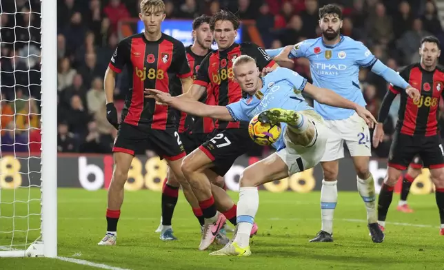 Manchester City's Erling Haaland hits a rebound against the post during the English Premier League soccer match between Bournemouth and Manchester City at the Vitality stadium in Bournemouth, England, Saturday, Nov. 2, 2024, Bournemouth won the game 2-1. (AP Photo/Kirsty Wigglesworth)