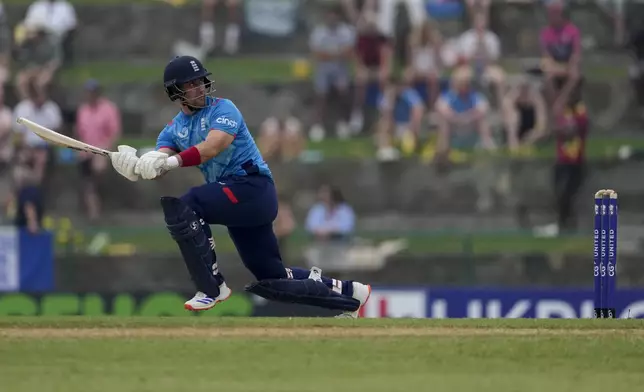 England's captain Liam Livingstone plays a shot against West Indies during the first ODI cricket match at Sir Vivian Richards Ground in North Sound, Antigua and Barbuda, Thursday, Oct. 31, 2024. (AP Photo/Ricardo Mazalan)