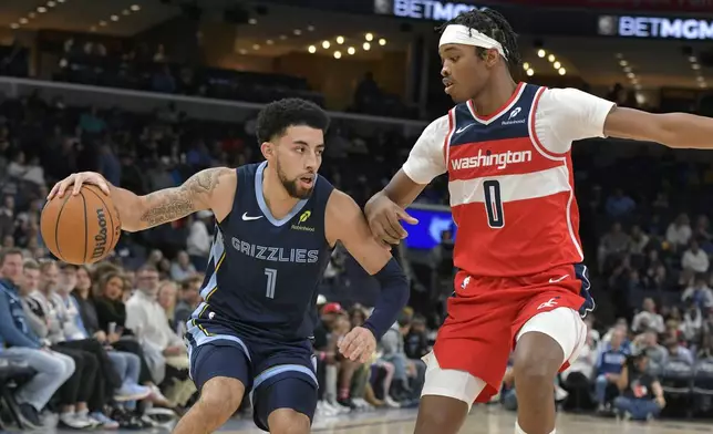 Memphis Grizzlies guard Scotty Pippen Jr. (1) handles the ball against Washington Wizards guard Bilal Coulibaly (0) in the first half of an NBA basketball game Friday, Nov. 8, 2024, in Memphis, Tenn. (AP Photo/Brandon Dill)
