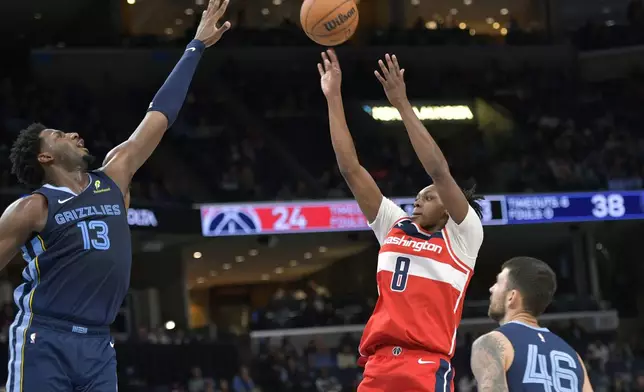 Washington Wizards guard Carlton Carrington (8) shoots against Memphis Grizzlies forward Jaren Jackson Jr. (13) in the first half of an NBA basketball game Friday, Nov. 8, 2024, in Memphis, Tenn. (AP Photo/Brandon Dill)