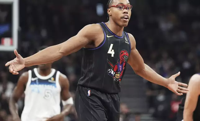 Toronto Raptors' Scottie Barnes (4) protests to a referee after receiving a technical foul during first-half NBA basketball game action against the Minnesota Timberwolves in Toronto, Thursday, Nov. 21, 2024. (Frank Gunn/The Canadian Press via AP)