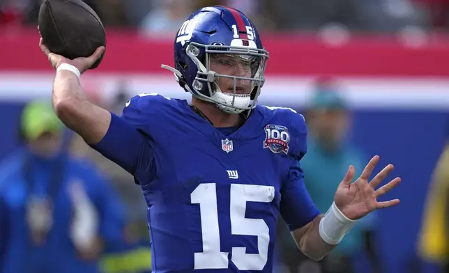 New York Giants quarterback Tommy DeVito (15) throws a pass against the Tampa Bay Buccaneers during the first half of an NFL football game Sunday, Nov. 24, 2024, in East Rutherford, N.J. (AP Photo/Seth Wenig)