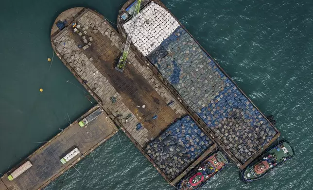 Workers load sacks of wood pellets onto barges at a port in Pohuwato, Gorontalo province, Indonesia, Tuesday, Oct. 22, 2024. (AP Photo/Yegar Sahaduta Mangiri)