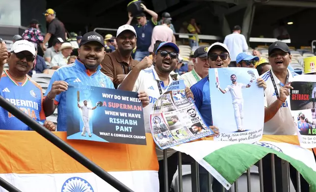 India's fans react to the camera as the wait for the first cricket test between India and Australia to begin in Perth, Australia, Friday, Nov. 22, 2024. (AP Photo/Trevor Collens)