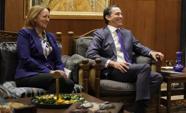 Amos Hochstein, right, a senior adviser to President Joe Biden, and US Ambassador to Lebanon Lisa A. Johnson, left, gesture during their meeting with Lebanese Parliament speaker Nabih Berri, in Beirut, Lebanon, Tuesday, Nov. 19, 2024. (AP Photo/Hassan Ammar)