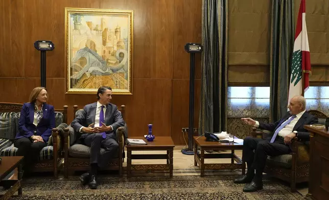 Amos Hochstein, center, a senior adviser to President Joe Biden, and US Ambassador to Lebanon Lisa A. Johnson, left, meet with Lebanese Parliament speaker Nabih Berri, in Beirut, Lebanon, Tuesday, Nov. 19, 2024. (AP Photo/Hassan Ammar)