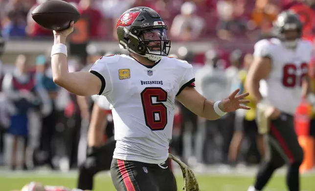 Tampa Bay Buccaneers quarterback Baker Mayfield (6) passes against the San Francisco 49ers during the second half of an NFL football game in Tampa, Fla., Sunday, Nov. 10, 2024. (AP Photo/Chris O'Meara)