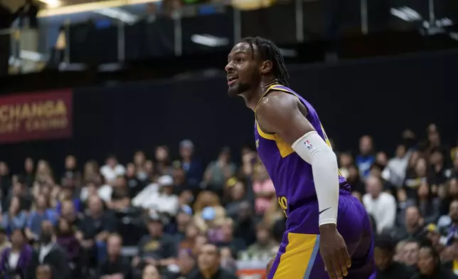 South Bay Lakers guard Bronny James runs down the court during the first half of an NBA G League basketball game against the Salt Lake City Stars Saturday, Nov. 9, 2024, in El Segundo, Calif. (AP Photo/Eric Thayer)