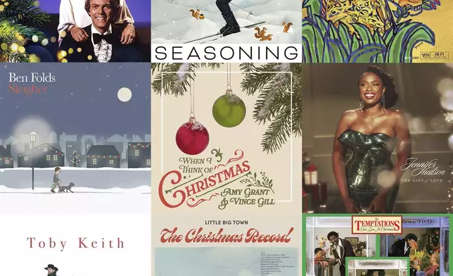 This combination of images shows holiday albums, top row from left, "Christmas Once More" by The Carpenters, "Holiday Seasoning" by Jimmy Fallon, “Ella &amp; Louis Wish You A Swinging Christmas” by Ella Fitzgerald, second row from left, "Sleigher" by Ben Folds, "When I Think of Christmas" by Amy Grant and Vince Gill, "The Gift of Love" by Jennifer Hudson, bottom row from left, “Christmas to Christmas," by Toby Keith, “The Christmas Record” by Little Big Town, and "Give Love At Christmas” by The Temptations. (A&amp;M/UMG Recording, Republic, Verve, New West Records, MCA Nashville, Interscope, Mercury Nashville/UMG, Capitol Records Nashville, Motown via AP)