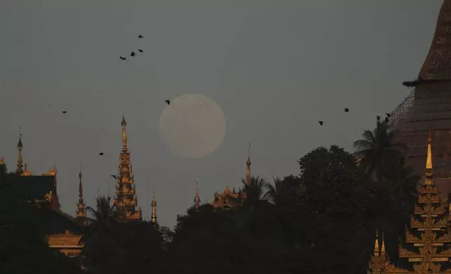 The supermoon rise near Myanmar Landmark Shwedagon during the full moon day of Tazaungmone, also known as lighting festival, Friday, Nov. 15, 2024, in Yangon, Myanmar. (AP Photo/Thein Zaw)