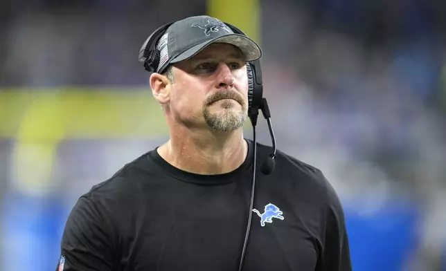 Detroit Lions head coach Dan Campbell watches against the Jacksonville Jaguars during the second half of an NFL football game, Sunday, Nov. 17, 2024, in Detroit. (AP Photo/Carlos Osorio)