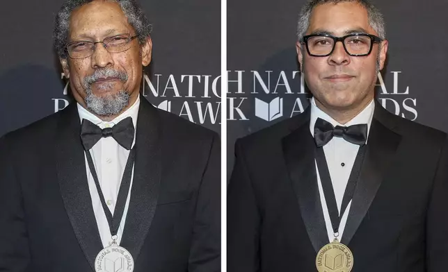 This combo image shows authors Percival Everett, left, and Jason De Leon as they attend the 75th National Book Awards ceremony at Cipriani Wall Street on Wednesday, Nov. 20, 2024, in New York. (Photo by Andy Kropa/Invision/AP)