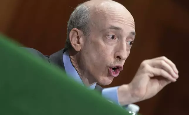 FILE - Securities and Exchange Commission Chair Gary Gensler testifies during a Senate Banking Committee Hybrid hearing on 'Oversight of the U.S. Securities and Exchange Commission," on Sept. 12, 2023, on Capitol Hill in Washington. (AP Photo/Mariam Zuhaib, File)