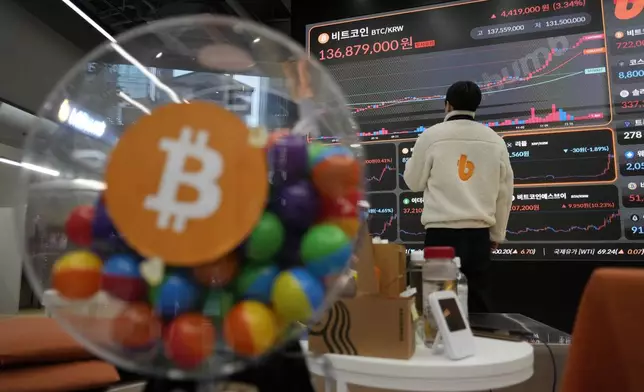 An employee watches an electronic signboard displaying the prices of Bitcoin and other cryptocurrencies at the lounge of Bithumb cryptocurrency exchange in Seoul, South Korea, Thursday, Nov. 21, 2024. (AP Photo/Ahn Young-joon)