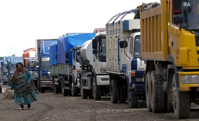 A woman walks next to a queue of truck drivers waiting to fill their diesel tanks in El Alto, Bolivia, Tuesday, Nov. 26, 2024. (AP Photo/Juan Karita)