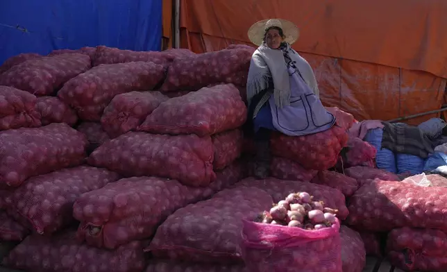 FILE - Onion vendor Paulina Siles waits for customers at a street market in El Alto, Bolivia, Oct. 4, 2024. (AP Photo/Juan Karita, File)