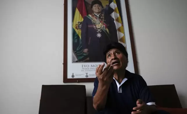 FILE - Bolivia's former President Evo Morales speaks during an interview in Lauca N in the Chapare region of Bolivia, Nov. 21, 2024. (AP Photo/Juan Karita, File)