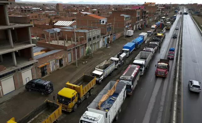 Truck drivers queue up to fill their diesel tanks in El Alto, Bolivia, Tuesday, Nov. 26, 2024. (AP Photo/Juan Karita)