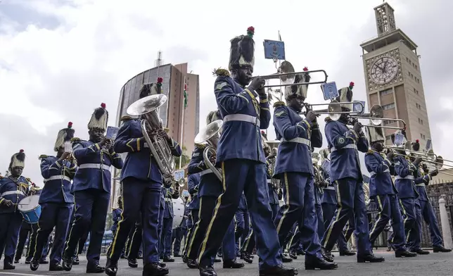 Kenya Military band gets ready to welcome President William Ruto, before delivering the State of Nation address at the Parliament buildings in Nairobi, Kenya Thursday, Nov. 21, 2024. (AP Photo/Brian Inganga)