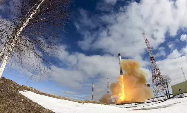 FILE - In this photo released by Russian Defense Ministry Press Service on April 20, 2022, a Sarmat intercontinental ballistic missile is launched from Plesetsk in northwestern Russia. (Russian Defense Ministry Press Service via AP, File)