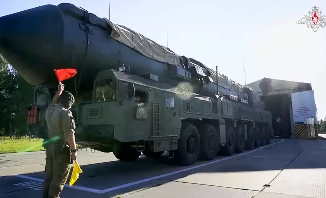 FILE - In this photo taken from video released by Russian Defense Ministry Press Service on Tuesday, Sept. 17, 2024, Russian RS-24 Yars strategic ballistic missiles launcher moves out a hangar during a drills in Ivanovo region, Russia. (Russian Defense Ministry Press Service photo via AP, File)