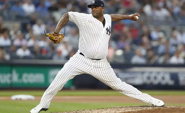 FILE - New York Yankees starting pitcher CC Sabathia throws during the fourth inning of the team's baseball game against the Tampa Bay Rays, July 16, 2019, in New York. (AP Photo/Kathy Willens, file)