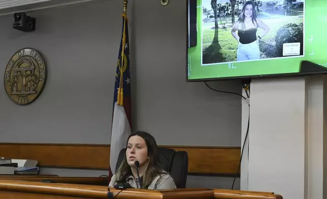 Lilly Steiner, roommate of Laken Riley, testifies during a trial of Jose Ibarra,accused of killing the Georgia nursing student earlier this year at Athens-Clarke County Superior Court, Friday, Nov. 15, 2024, in Athens, Ga. (Hyosub Shin/Atlanta Journal-Constitution via AP, Pool)