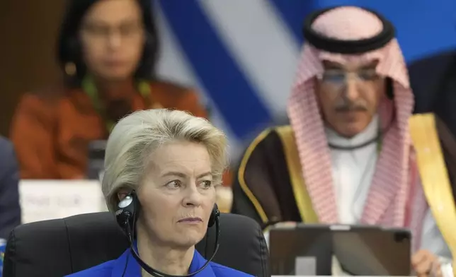 European Commission President Ursula von der Leyen attends the G20 Summit leaders meeting in Rio de Janeiro, Monday, Nov. 18, 2024. (AP Photo/Eraldo Peres)