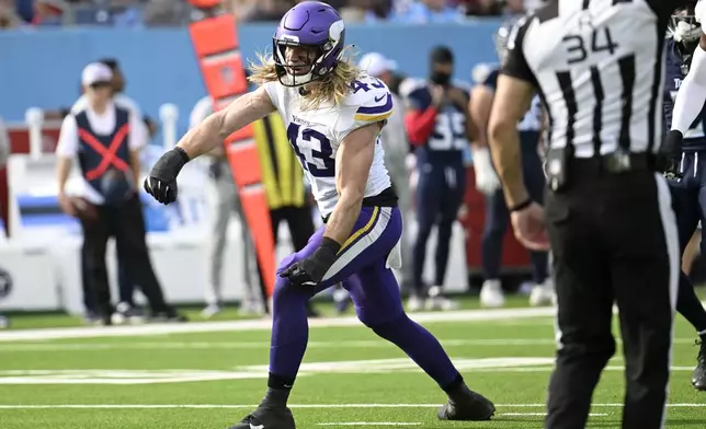 Minnesota Vikings linebacker Andrew Van Ginkel (43) celebrates after sacking Tennessee Titans quarterback Will Levis during the first half of an NFL football game, Sunday, Nov. 17, 2024, in Nashville, Tenn. (AP Photo/John Amis)