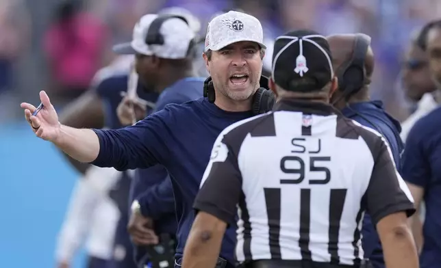 Tennessee Titans head coach Brian Callahan reacts to a call during the second half of an NFL football game against the Minnesota Vikings, Sunday, Nov. 17, 2024, in Nashville, Tenn. (AP Photo/George Walker IV)