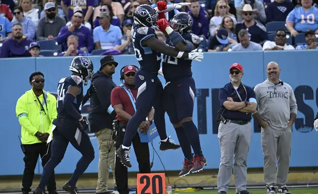 Tennessee Titans linebacker Kenneth Murray Jr. (56) celebrates with teammate linebacker Harold Landry III (58) after a sack during the second half of an NFL football game against the Minnesota Vikings, Sunday, Nov. 17, 2024, in Nashville, Tenn. (AP Photo/John Amis)