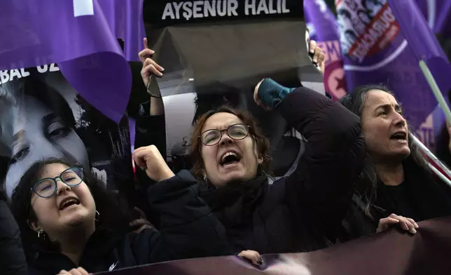 Women chant slogans during a rally marking the upcoming International Day for the Elimination of Violence Against Women, in Istanbul,Turkey, Sunday, Nov. 24, 2024. (AP Photo/Emrah Gurel)