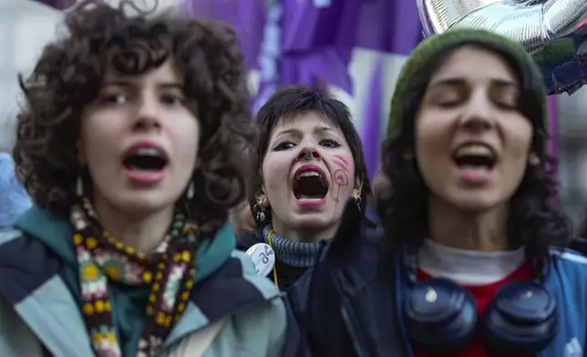 Women chant slogans during a rally marking the upcoming International Day for the Elimination of Violence Against Women, in Istanbul,Turkey, Sunday, Nov. 24, 2024. (AP Photo/Emrah Gurel)