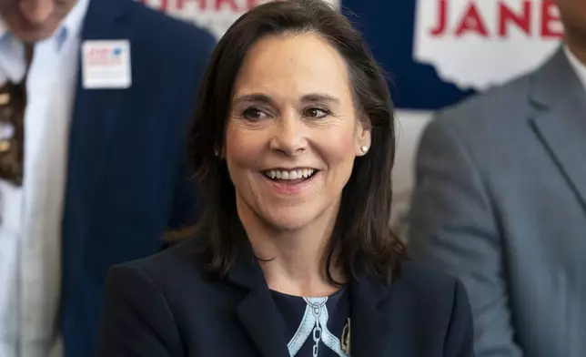 FILE — Ohio republican senatorial candidate Jane Timken listens at a rally in Cincinnati on this March 4, 2022. (AP Photo/Jeff Dean, File)