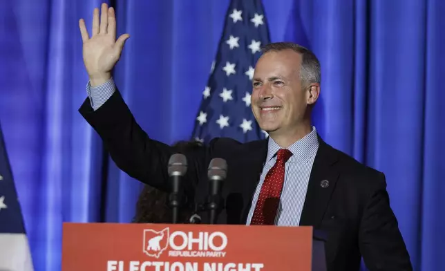 FILE - Republican Ohio treasurer Robert Sprague speaks during an election night watch party Nov. 8, 2022, in Columbus, Ohio. (AP Photo/Jay LaPrete, File)