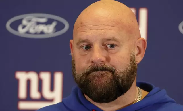 New York Giants head coach Brian Daboll responds to questions during a news conference after an NFL football game against the Dallas Cowboys in Arlington, Texas, Thursday, Nov. 28, 2024. (AP Photo/Richard Rodriguez)