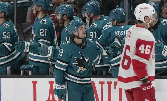 San Jose Sharks left wing William Eklund, middle, is congratulated by teammates after scoring against the Detroit Red Wings during the second period of an NHL hockey game in San Jose, Calif., Monday, Nov. 18, 2024. (AP Photo/Jeff Chiu)