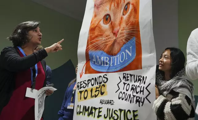 Activists participate in a demonstration for climate justice at the COP29 U.N. Climate Summit, Friday, Nov. 22, 2024, in Baku, Azerbaijan. (AP Photo/Peter Dejong)