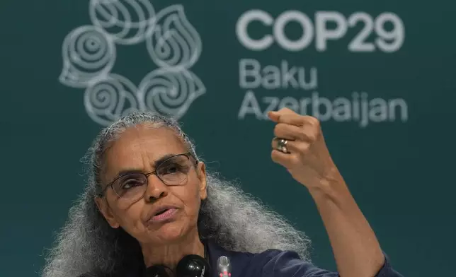 Marina Silva, Brazil environment minister, speaks during a news conference at the COP29 U.N. Climate Summit, Friday, Nov. 22, 2024, in Baku, Azerbaijan. (AP Photo/Rafiq Maqbool)