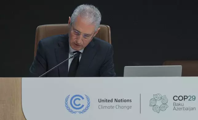 Mukhtar Babayev, COP29 President, rehearses in the plenary at the COP29 U.N. Climate Summit, Friday, Nov. 22, 2024, in Baku, Azerbaijan. (AP Photo/Peter Dejong)