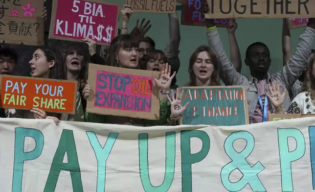 Activists participate in a demonstration for climate finance at the COP29 U.N. Climate Summit, Friday, Nov. 22, 2024, in Baku, Azerbaijan. (AP Photo/Peter Dejong)